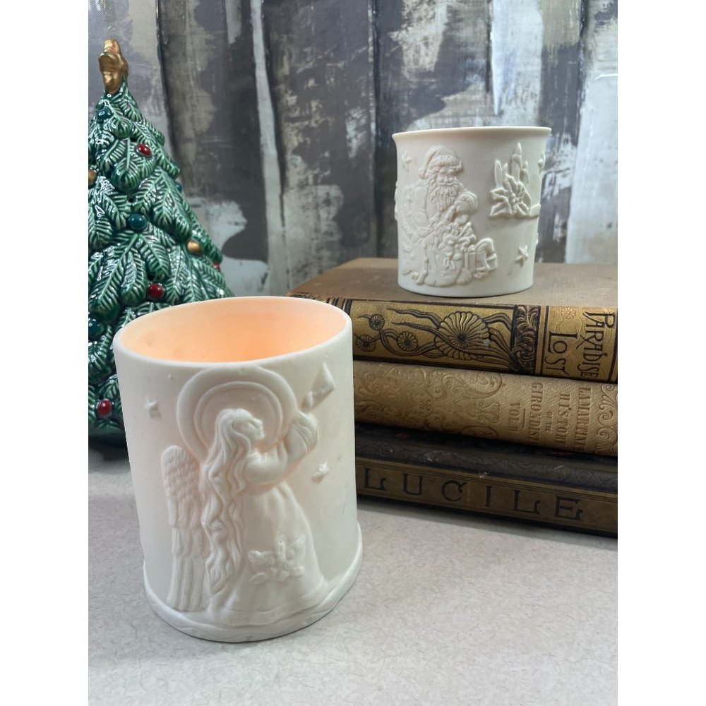 Mikasa Bisque Porcelain Embossed Christmas Candleholders Pair